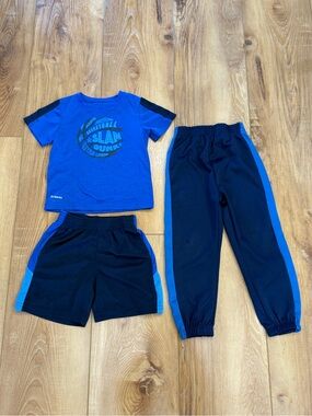 Blue Basketball Tee with Matching Black & Blue Shorts and Pants